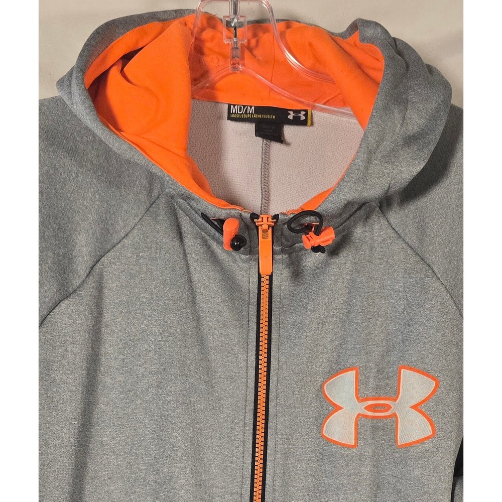 Under‎ Armour Grey Orange Logo Full Zip Hoodie Storm Tech Mens Medium